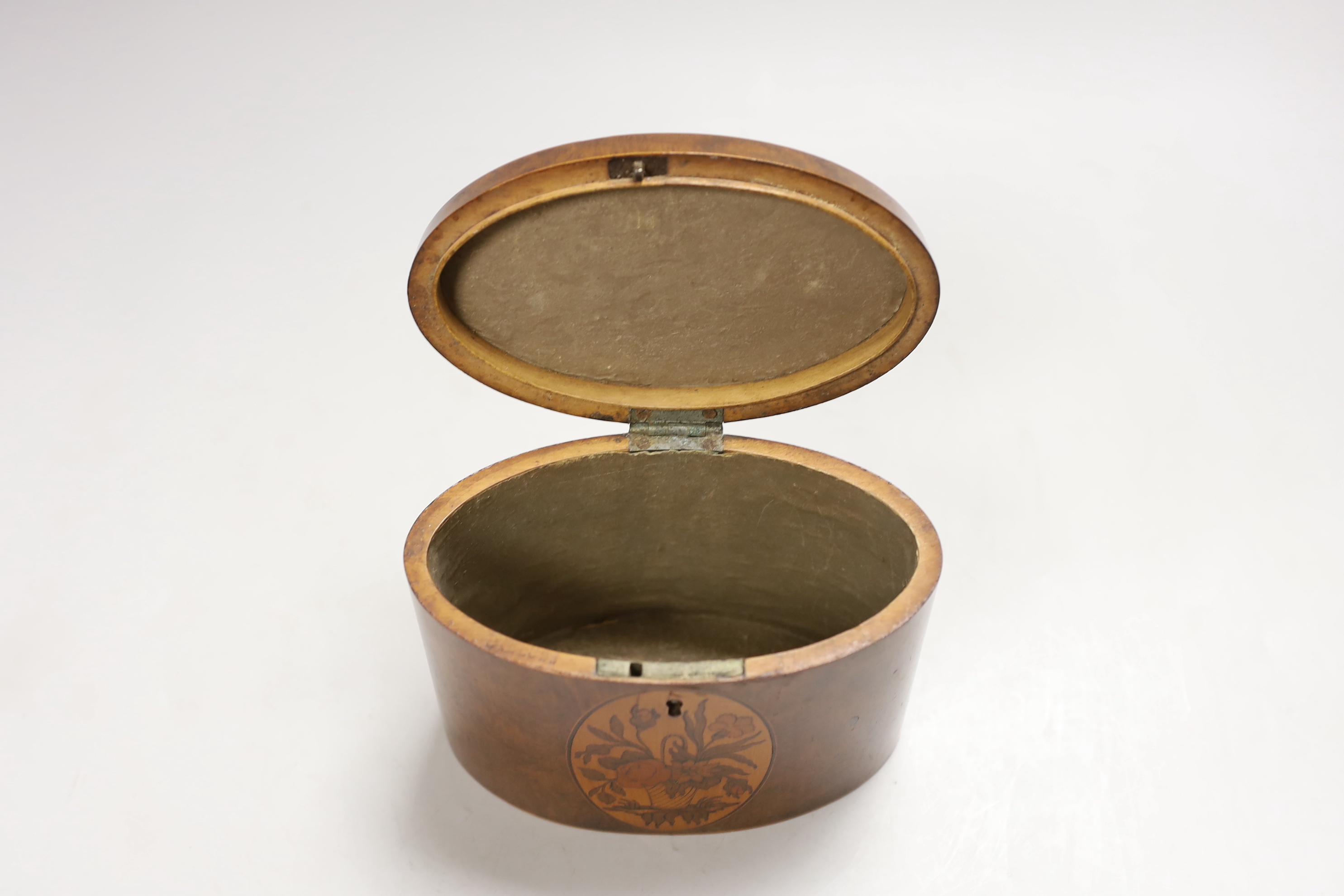 A George III Sheraton period burr walnut and marquetry elliptical tea caddy, 15cm wide